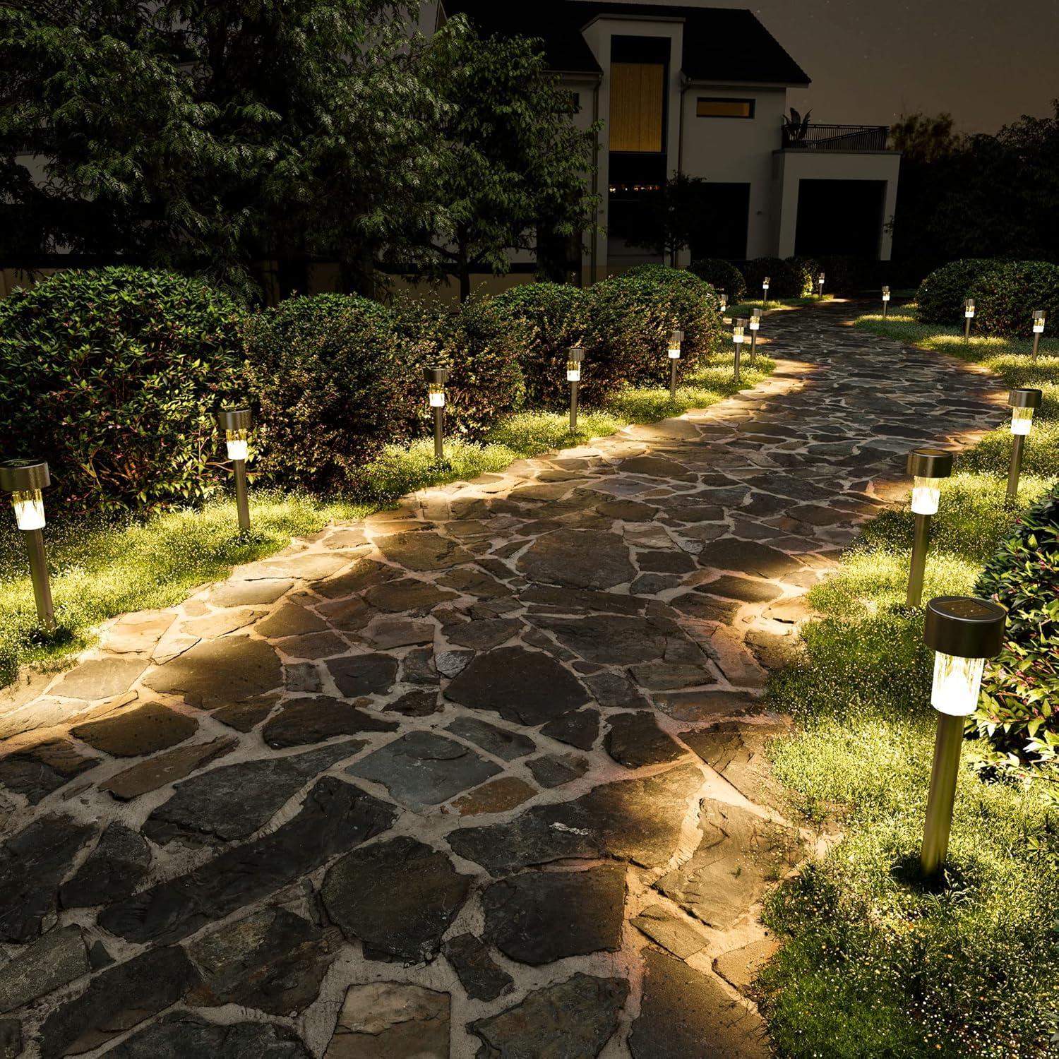 imageSOLPEX 16 Pack Solar Outdoor Lights Pathway Stainless Steel Solar Lights Outdoor WaterproofLED Landscape Lighting Solar Walkway Lights for LandscapePatioLawnYardDrivewayWarm WhiteWarm White