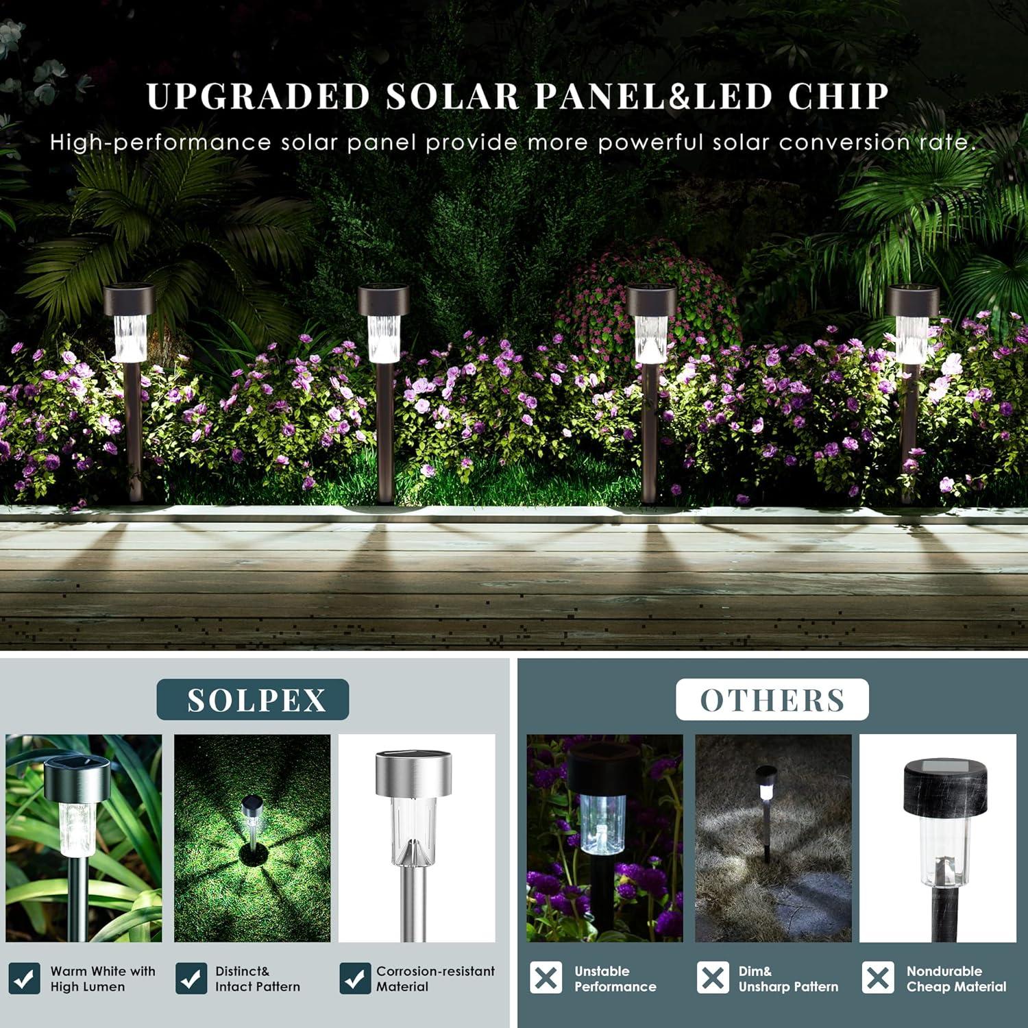imageSOLPEX 16 Pack Solar Outdoor Lights Pathway Stainless Steel Solar Lights Outdoor WaterproofLED Landscape Lighting Solar Walkway Lights for LandscapePatioLawnYardDrivewayWarm WhiteCold White