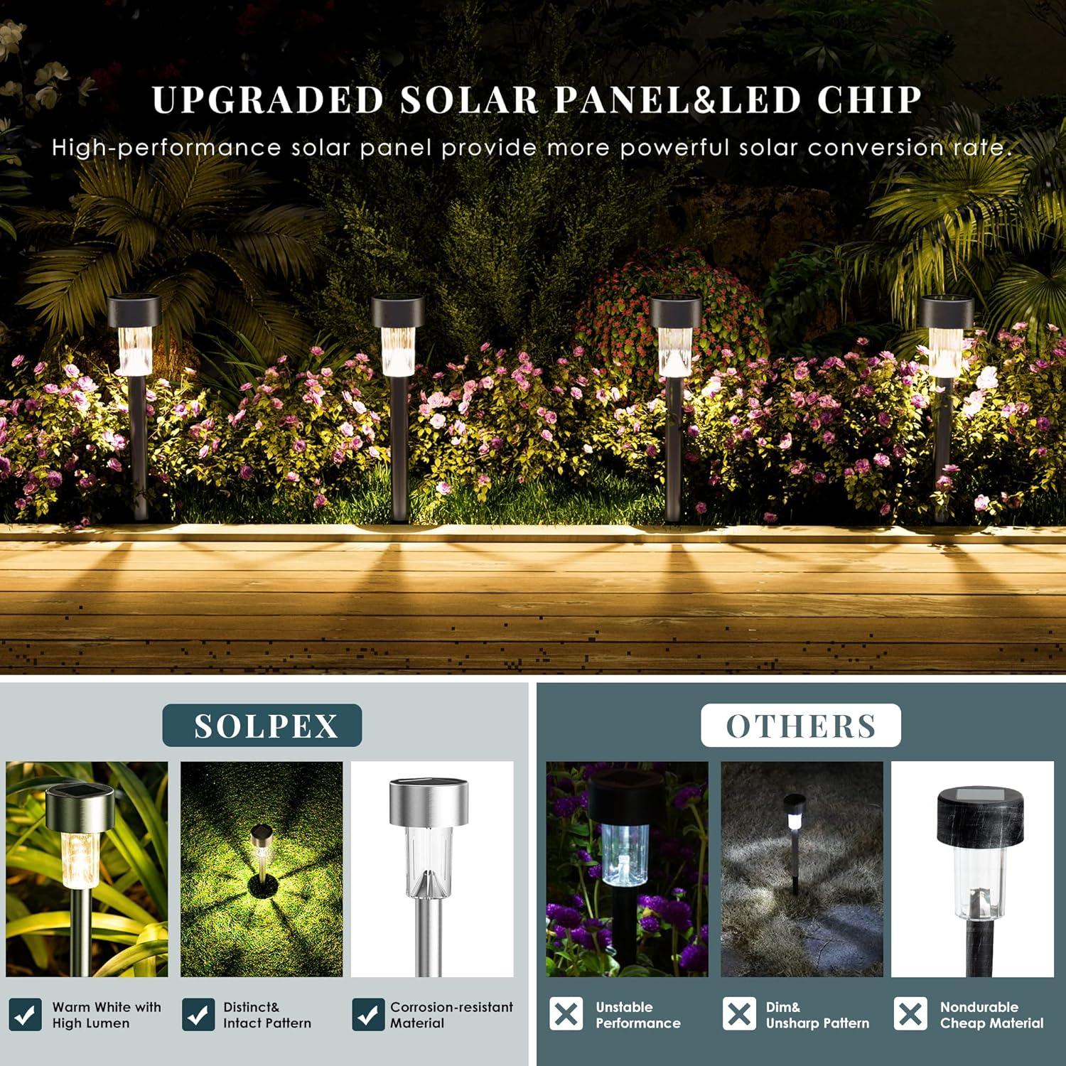imageSOLPEX 16 Pack Solar Outdoor Lights Pathway Stainless Steel Solar Lights Outdoor WaterproofLED Landscape Lighting Solar Walkway Lights for LandscapePatioLawnYardDrivewayWarm WhiteWarm White