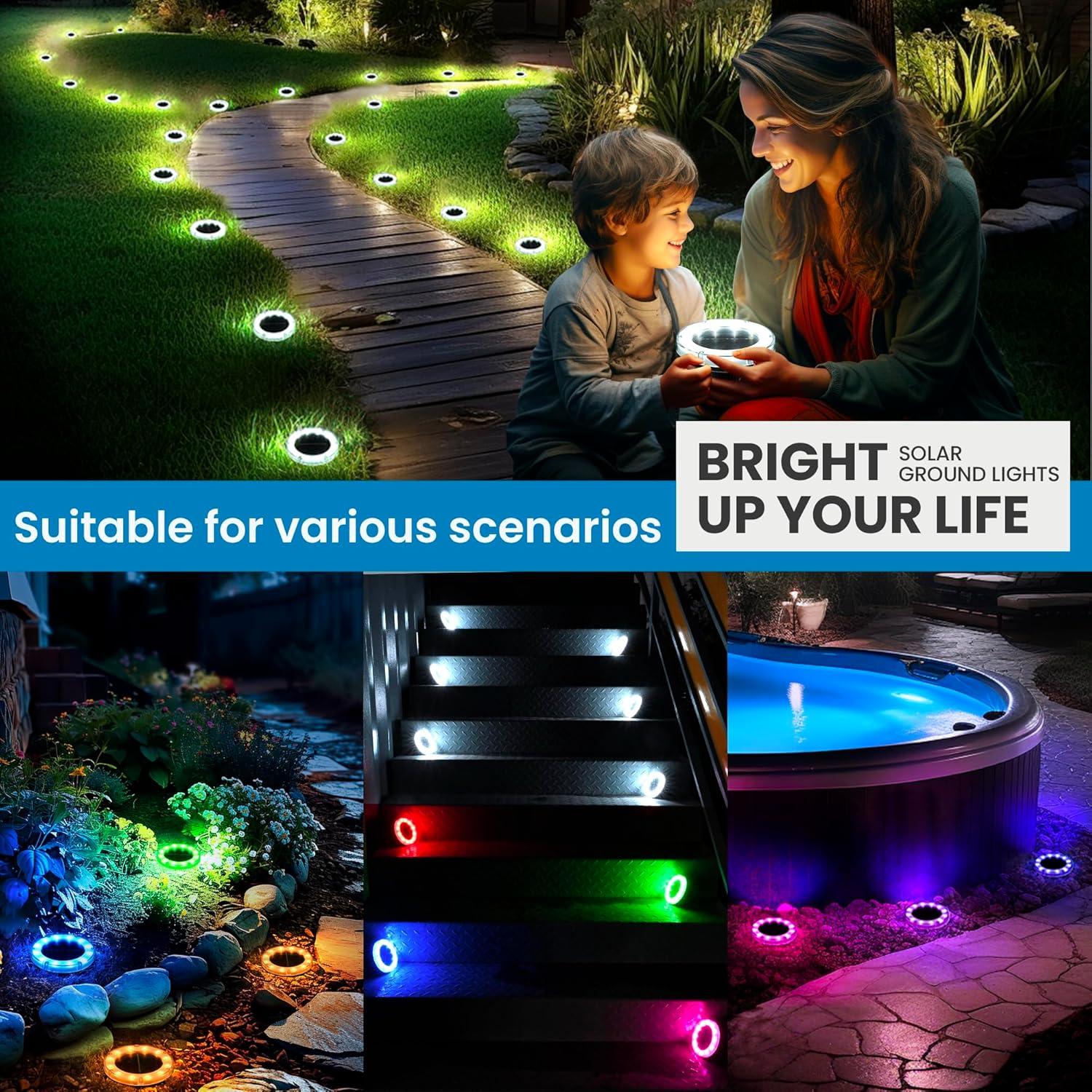 imageSOLPEX Multicolor Solar Ground Lights Solar Garden Lights Outdoor Waterproof 12 Led 2 Lighting Modes Landscape Lighting for Pathway Yard Patio PoolWalkway 12 Packs12