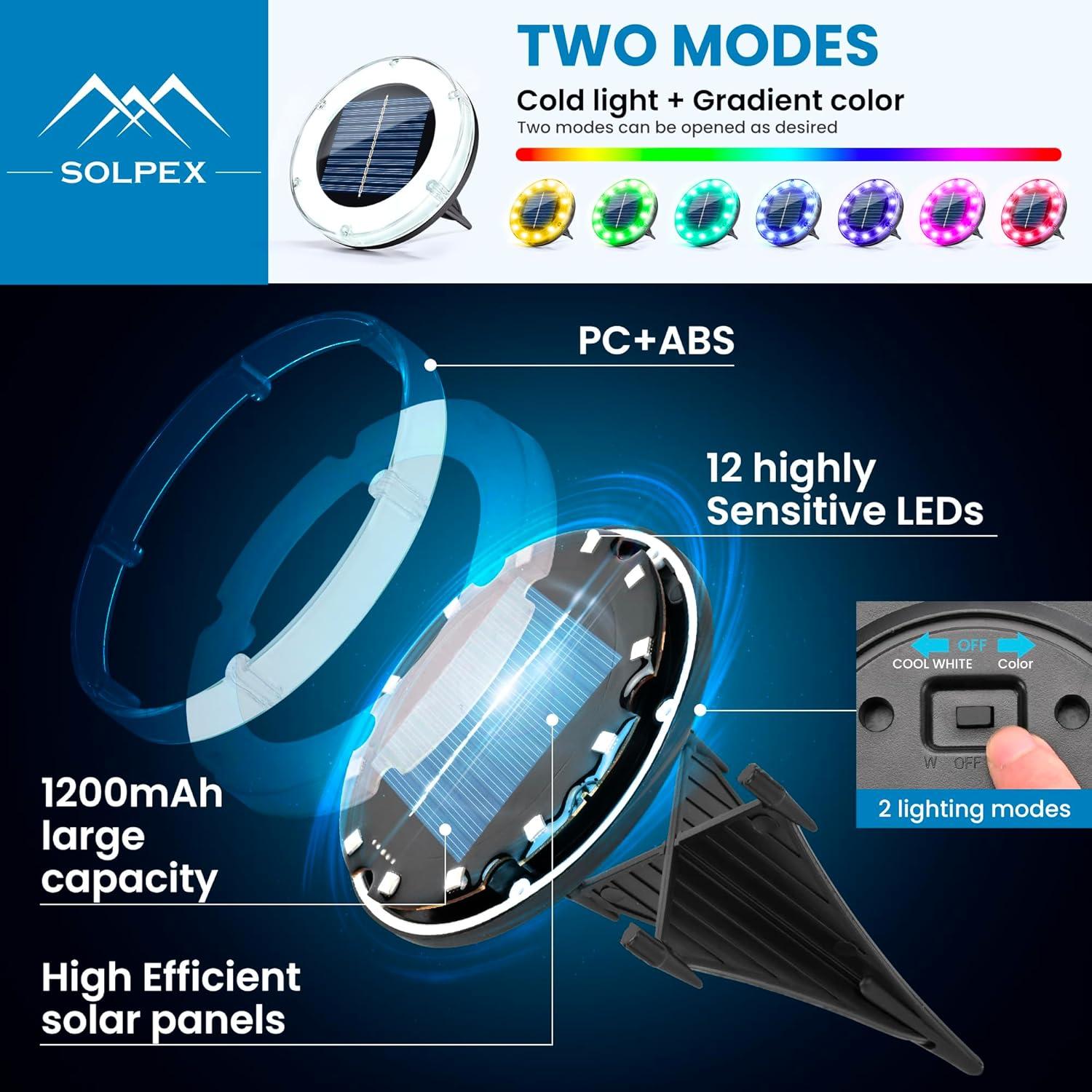 imageSOLPEX Multicolor Solar Ground Lights Solar Garden Lights Outdoor Waterproof 12 Led 2 Lighting Modes Landscape Lighting for Pathway Yard Patio PoolWalkway 12 Packs12