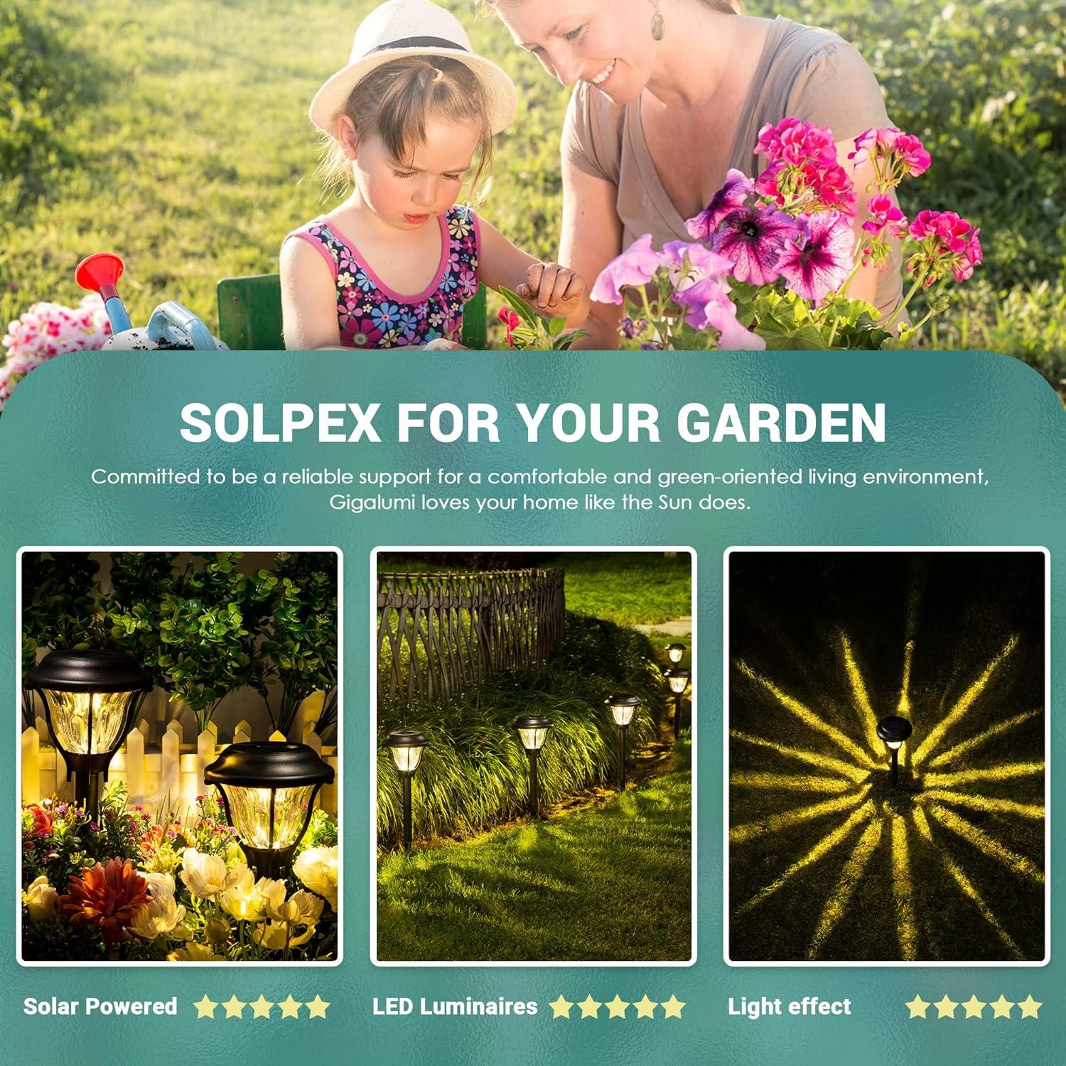 imageSOLPEX Outdoor Solar Lights 6 Pack LED Solar Pathway Lights Outdoor Waterproof Garden Lights Solar Powered Landscape Lighting for Yard Pathway Lawn Warm White