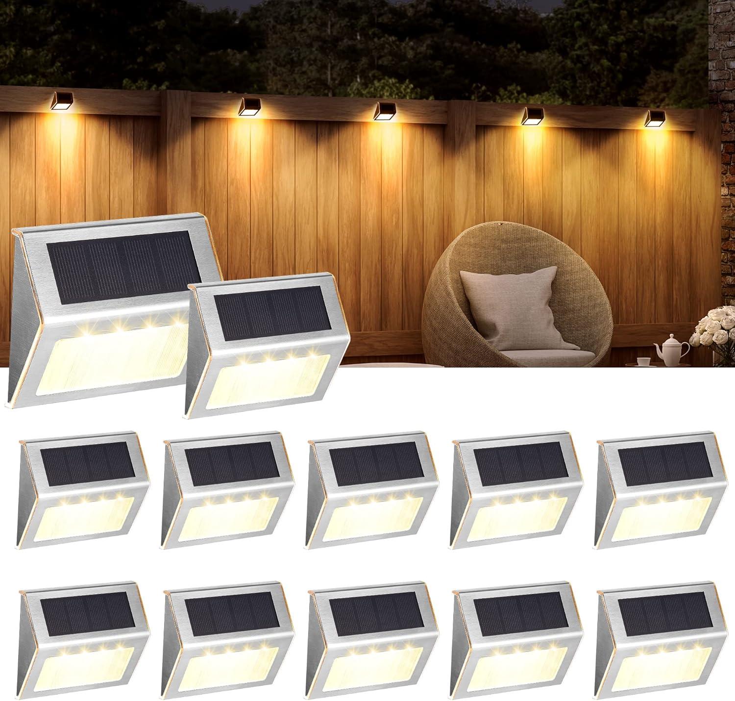 imageSOLPEX Solar Fence Lights 12 Pack Solar Powered Deck Lights Outdoor Waterproof4 LEDs Solar Step Lighting for Stair Stairway Patio Porch Pathway Walkway Garden Cold WhiteWarm White