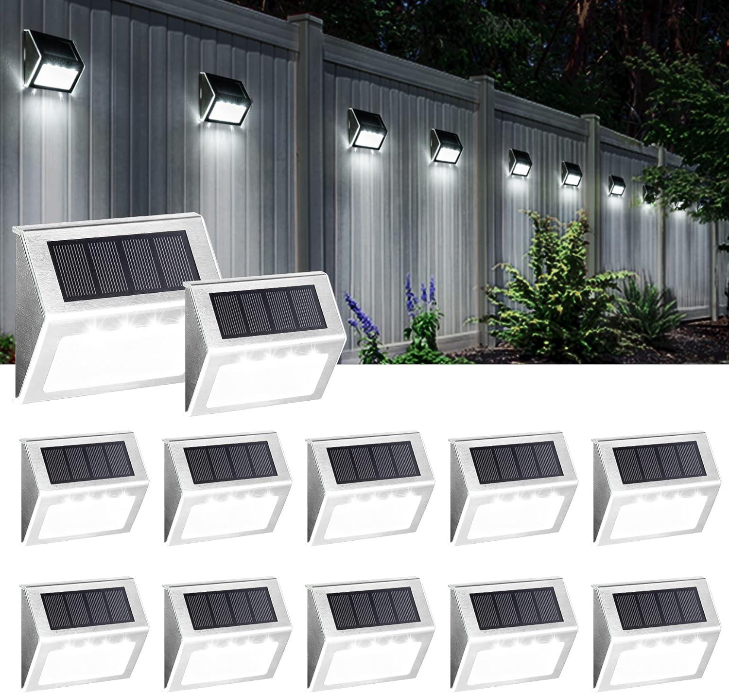 imageSOLPEX Solar Fence Lights 12 Pack Solar Powered Deck Lights Outdoor Waterproof4 LEDs Solar Step Lighting for Stair Stairway Patio Porch Pathway Walkway Garden Cold WhiteCold White