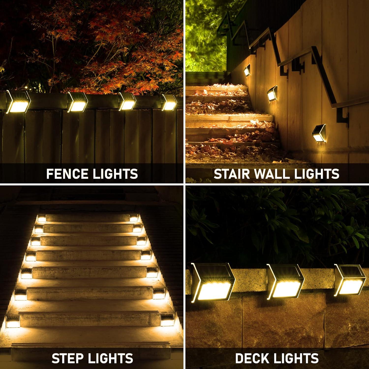 imageSOLPEX Solar Fence Lights 12 Pack Solar Powered Deck Lights Outdoor Waterproof4 LEDs Solar Step Lighting for Stair Stairway Patio Porch Pathway Walkway Garden Cold WhiteWarm White