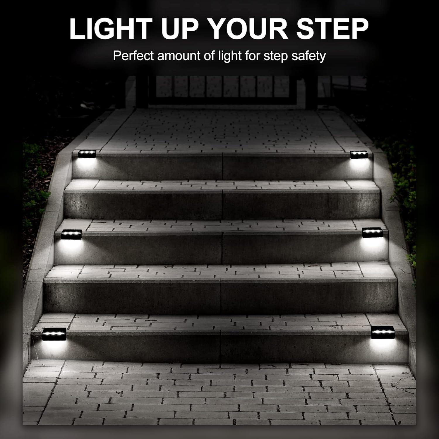 imageSOLPEX Solar Fence Lights 6 LEDs Solar Lights Outdoor Waterproof Solar Powered for Deck Stair Front Porch Balcony Walkway Garden Yard Patio Pool Decor IP65 Waterproof 4 Pack Cold WhiteBlack