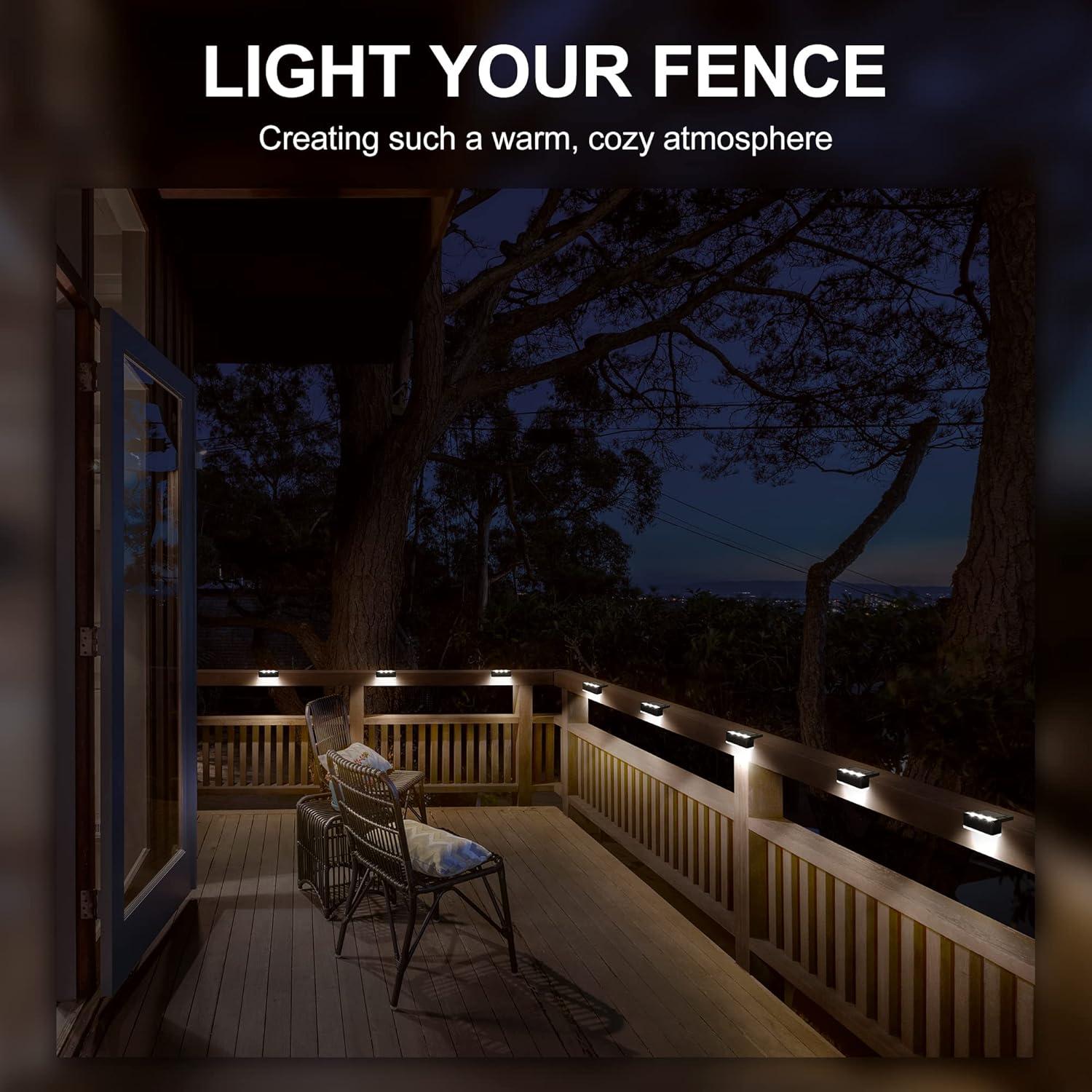 imageSOLPEX Solar Fence Lights 6 LEDs Solar Lights Outdoor Waterproof Solar Powered for Deck Stair Front Porch Balcony Walkway Garden Yard Patio Pool Decor IP65 Waterproof 4 Pack Cold WhiteBlack