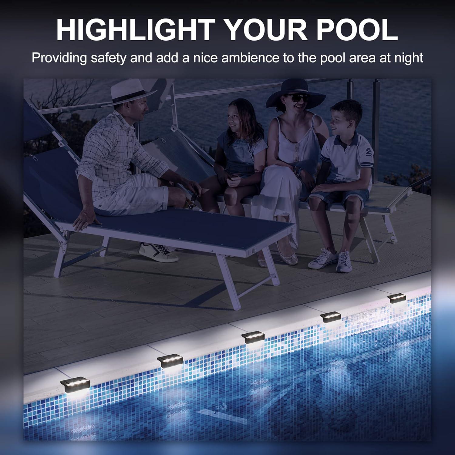 imageSOLPEX Solar Fence Lights 6 LEDs Solar Lights Outdoor Waterproof Solar Powered for Deck Stair Front Porch Balcony Walkway Garden Yard Patio Pool Decor IP65 Waterproof 4 Pack Cold WhiteBlack