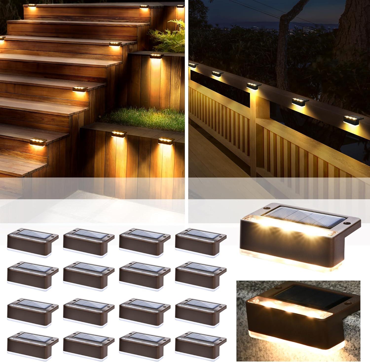 imageSOLPEX Solar Fence Lights 6 LEDs Solar Lights Outdoor Waterproof Solar Powered for Deck Stair Front Porch Balcony Walkway Garden Yard Patio Pool Decor IP65 Waterproof 12 Pack Warm WhiteBrown