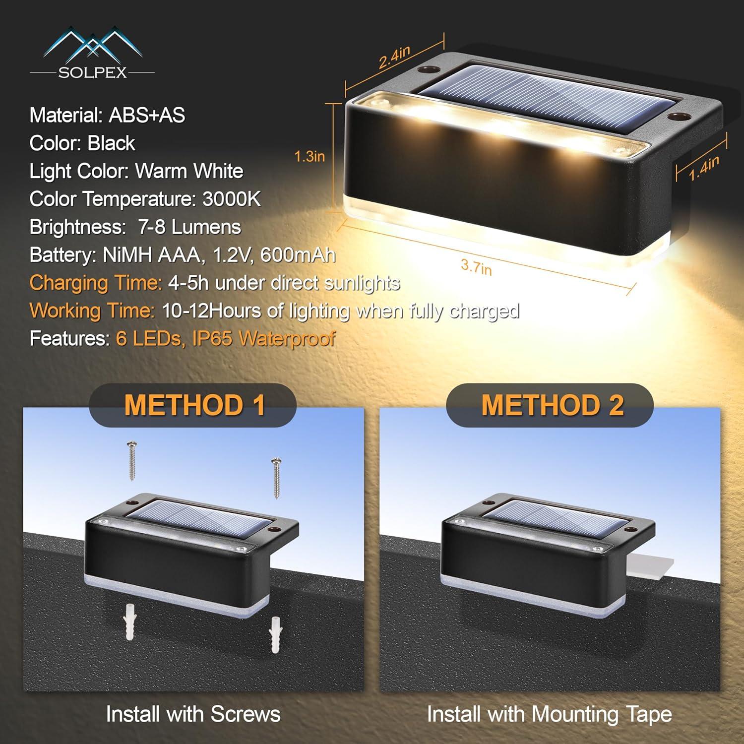 imageSOLPEX Solar Fence Lights 6 LEDs Solar Lights Outdoor Waterproof Solar Powered for Deck Stair Front Porch Balcony Walkway Garden Yard Patio Pool Decor IP65 Waterproof 12 Pack Warm WhiteBlack