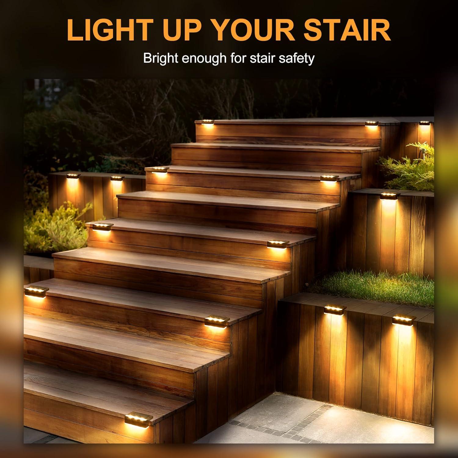 imageSOLPEX Solar Fence Lights 6 LEDs Solar Lights Outdoor Waterproof Solar Powered for Deck Stair Front Porch Balcony Walkway Garden Yard Patio Pool Decor IP65 Waterproof 12 Pack Warm WhiteBrown