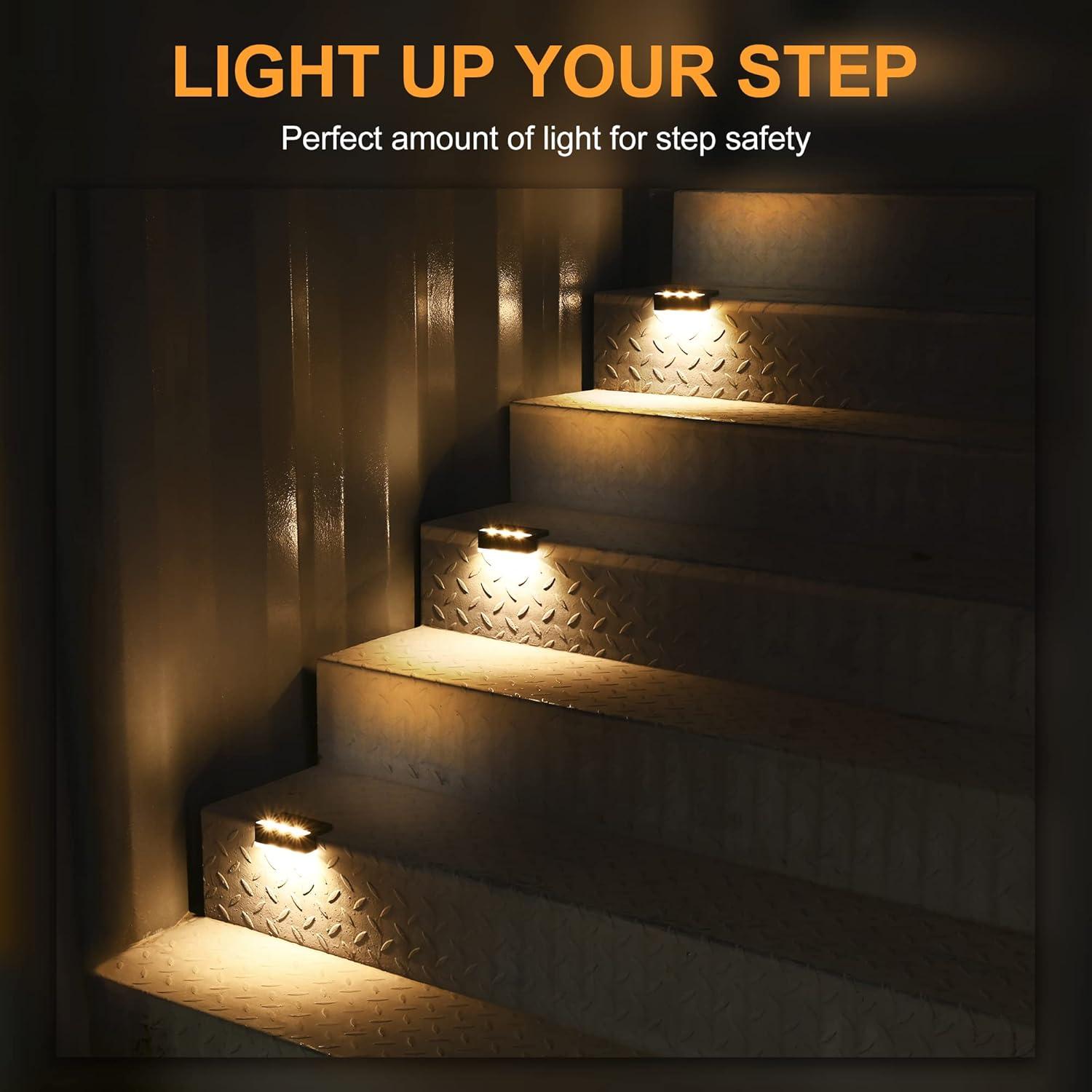 imageSOLPEX Solar Fence Lights 6 LEDs Solar Lights Outdoor Waterproof Solar Powered for Deck Stair Front Porch Balcony Walkway Garden Yard Patio Pool Decor IP65 Waterproof 12 Pack Warm WhiteBlack