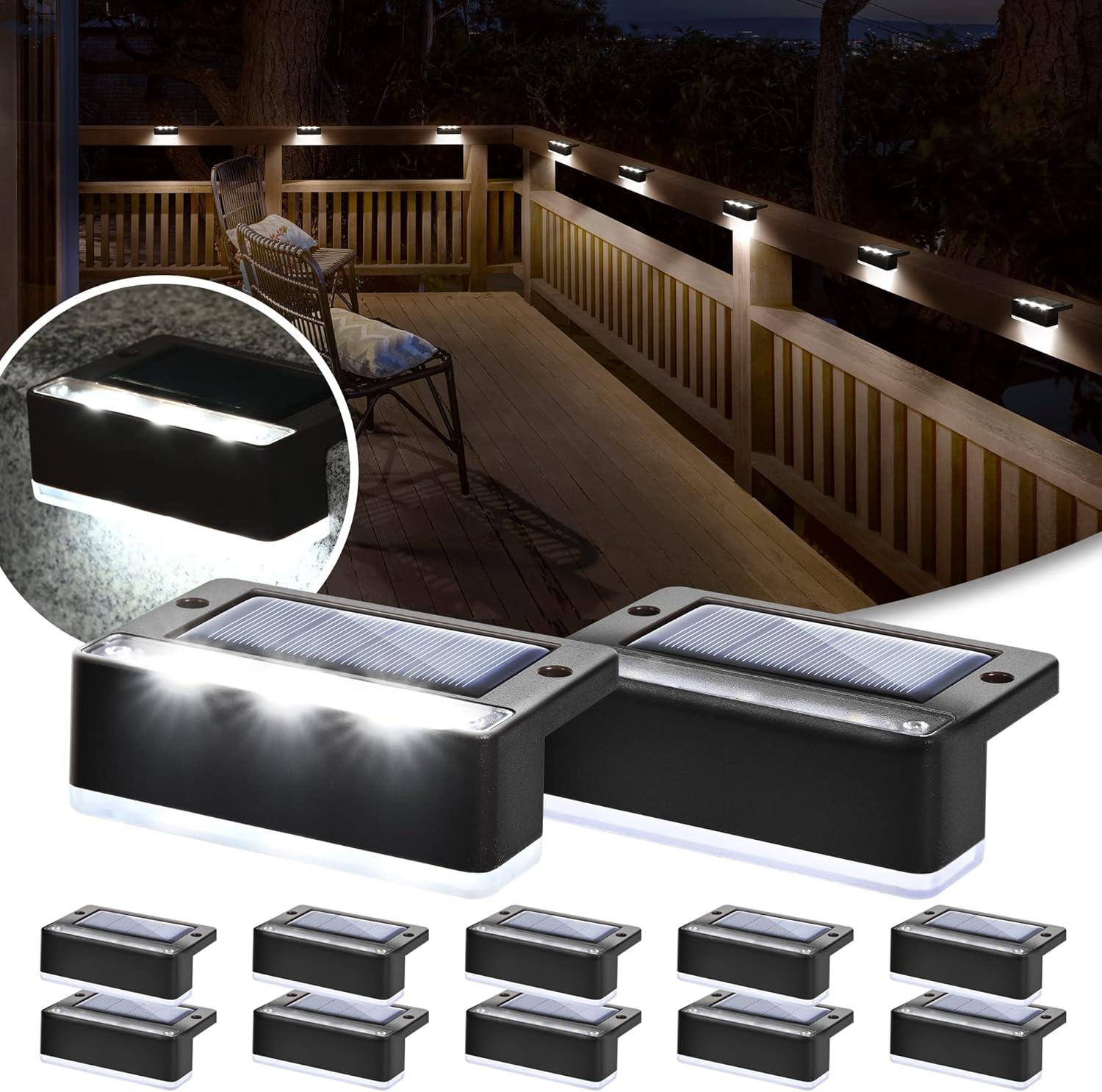 imageSOLPEX Solar Fence Lights 6 LEDs Solar Lights Outdoor Waterproof Solar Powered for Deck Stair Front Porch Balcony Walkway Garden Yard Patio Pool Decor IP65 Waterproof 4 Pack Cold WhiteBlack