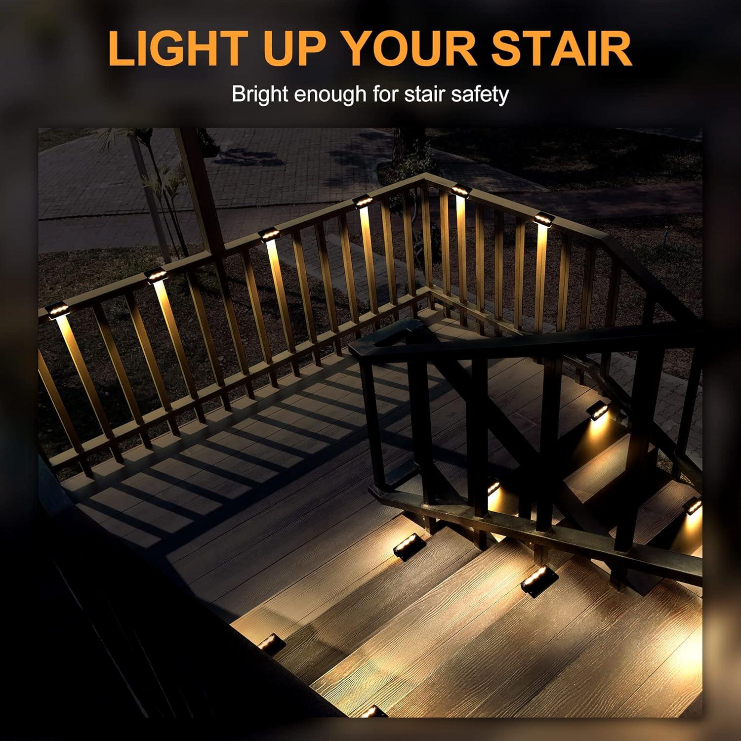 imageSOLPEX Solar Fence Lights 6 LEDs Solar Lights Outdoor Waterproof Solar Powered for Deck Stair Front Porch Balcony Walkway Garden Yard Patio Pool Decor IP65 Waterproof 12 Pack Warm WhiteBlack