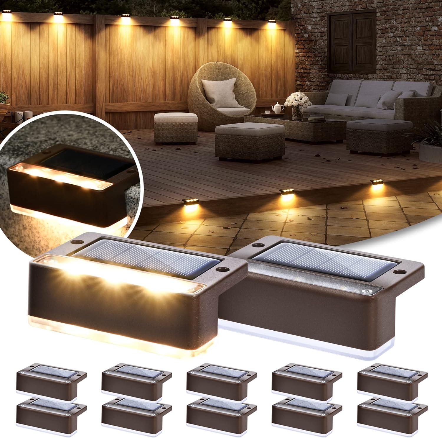 imageSOLPEX Solar Fence Lights 6 LEDs Solar Lights Outdoor Waterproof Solar Powered for Deck Stair Front Porch Balcony Walkway Garden Yard Patio Pool Decor IP65 Waterproof 12 Pack Warm WhiteBrown