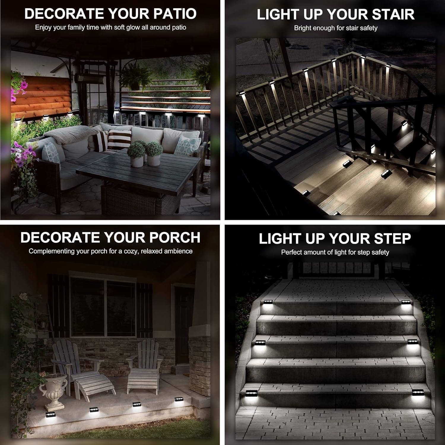 imageSOLPEX Solar Fence Lights 6 LEDs Solar Lights Outdoor Waterproof Solar Powered for Deck Stair Front Porch Balcony Walkway Garden Yard Patio Pool Decor IP65 Waterproof 4 Pack Cold WhiteBlack