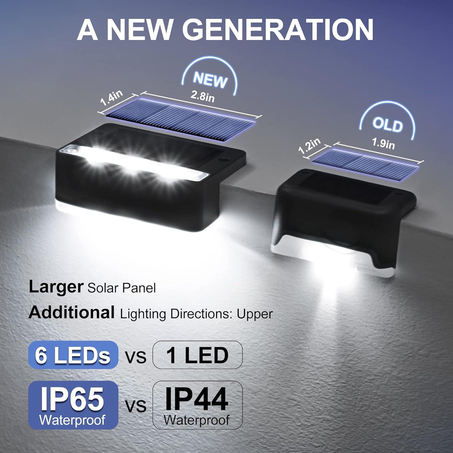 imageSOLPEX Solar Fence Lights 6 LEDs Solar Lights Outdoor Waterproof Solar Powered for Deck Stair Front Porch Balcony Walkway Garden Yard Patio Pool Decor IP65 Waterproof 4 Pack Cold WhiteBlack