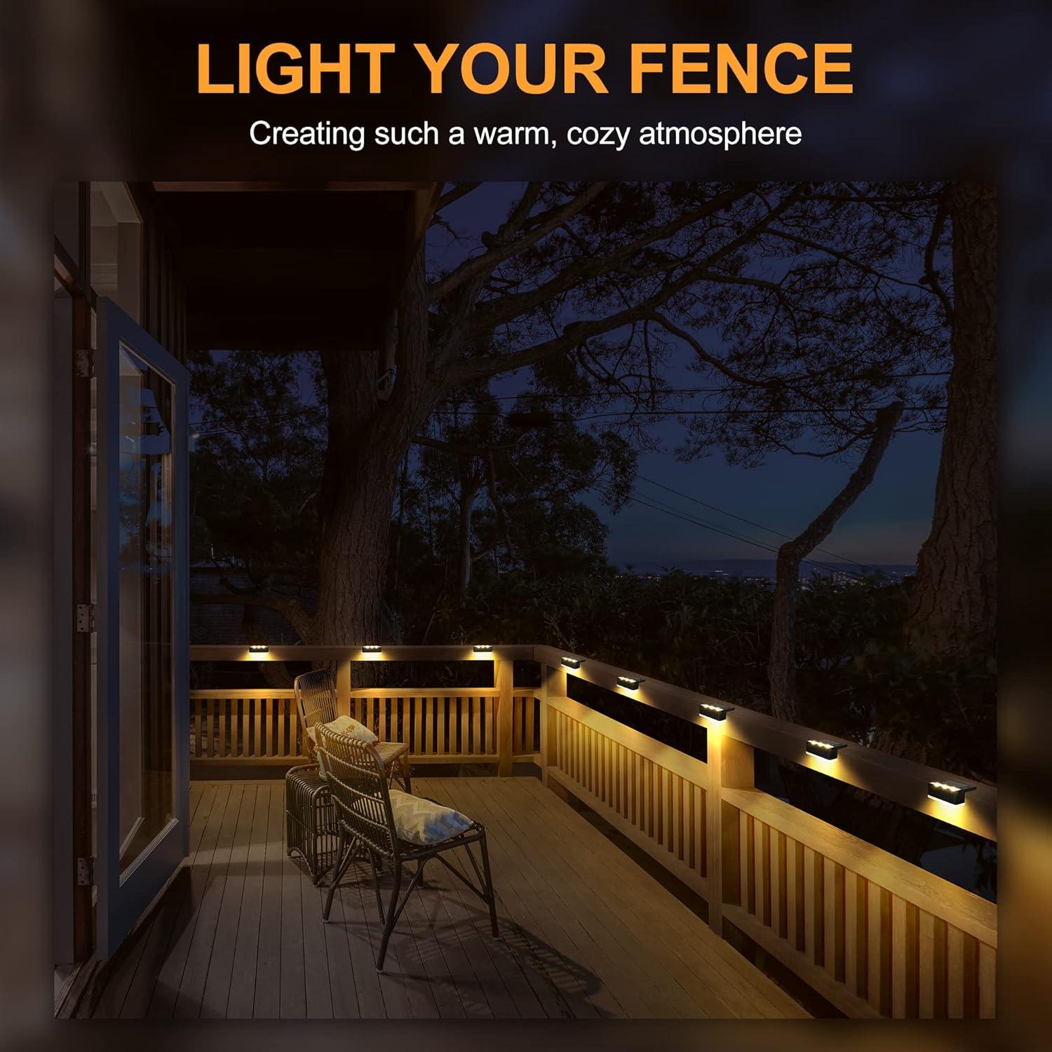 imageSOLPEX Solar Fence Lights 6 LEDs Solar Lights Outdoor Waterproof Solar Powered for Deck Stair Front Porch Balcony Walkway Garden Yard Patio Pool Decor IP65 Waterproof 12 Pack Warm WhiteBlack