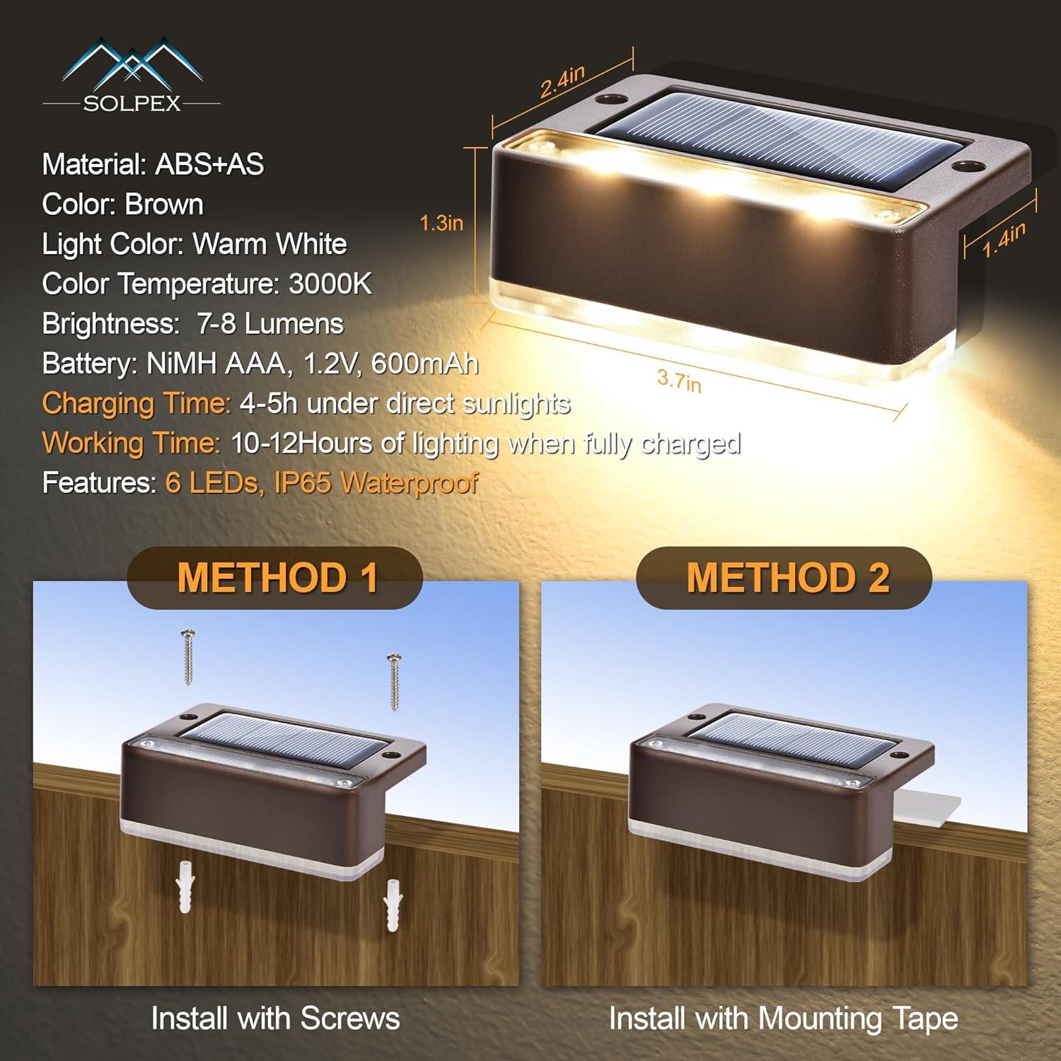imageSOLPEX Solar Fence Lights 6 LEDs Solar Lights Outdoor Waterproof Solar Powered for Deck Stair Front Porch Balcony Walkway Garden Yard Patio Pool Decor IP65 Waterproof 12 Pack Warm WhiteBrown