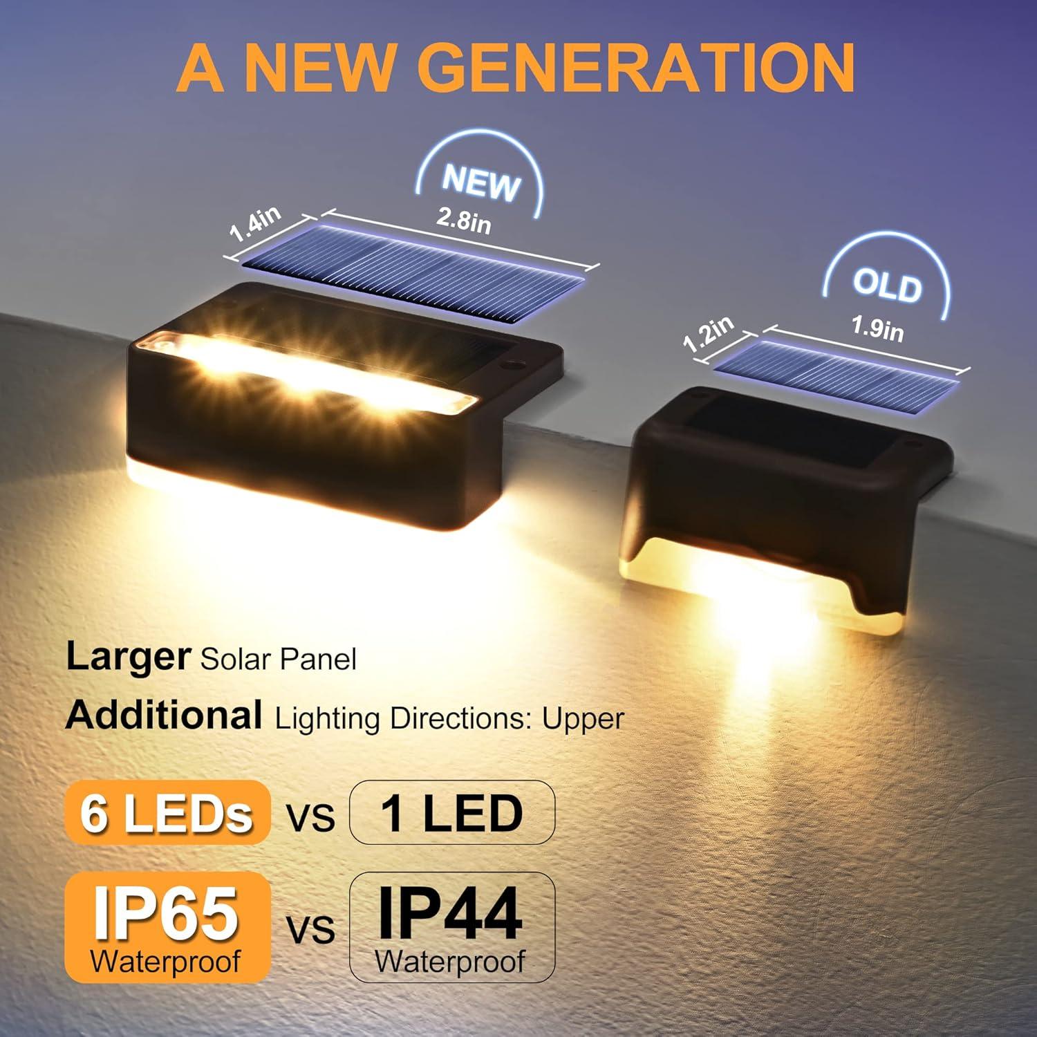 imageSOLPEX Solar Fence Lights 6 LEDs Solar Lights Outdoor Waterproof Solar Powered for Deck Stair Front Porch Balcony Walkway Garden Yard Patio Pool Decor IP65 Waterproof 12 Pack Warm WhiteBrown