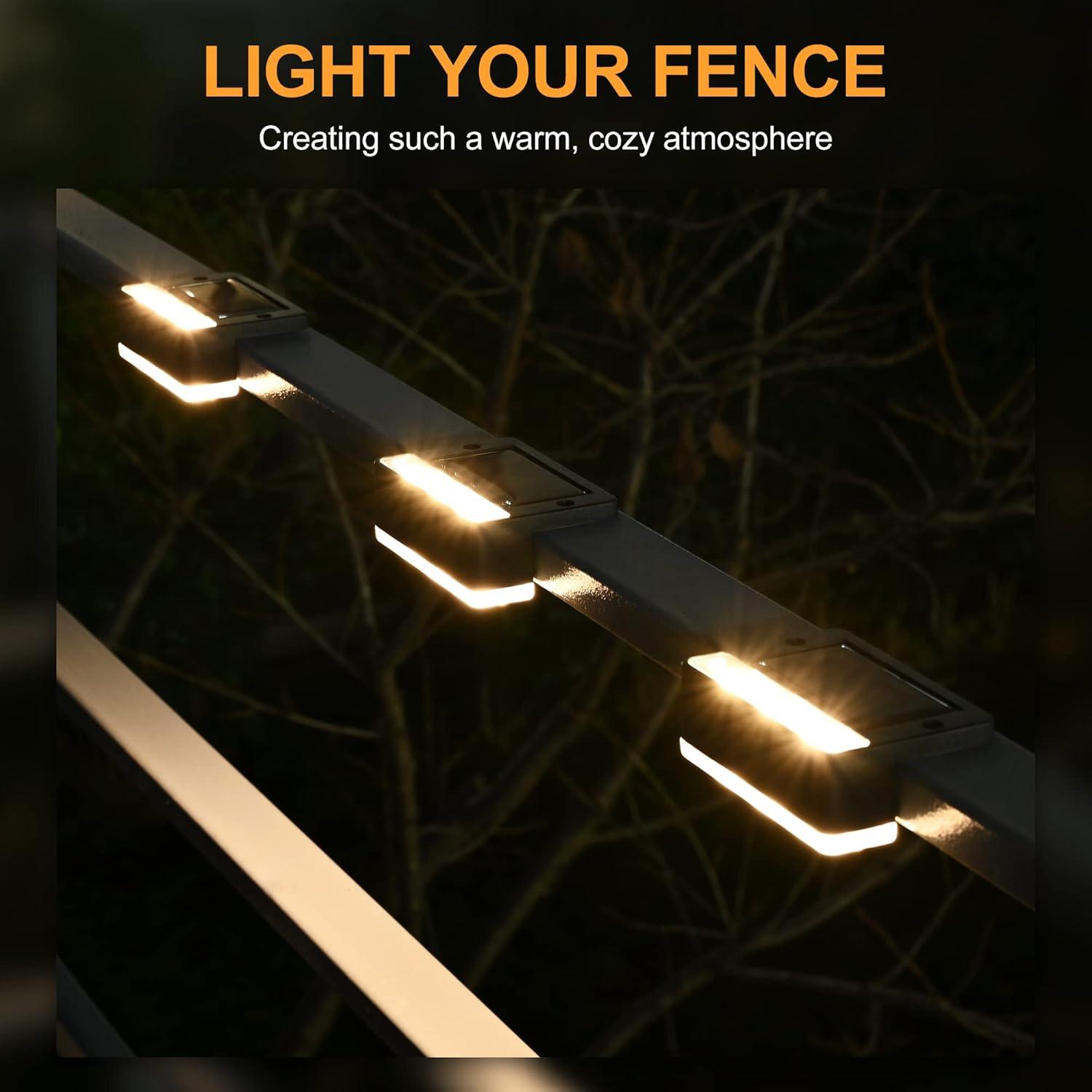 imageSOLPEX Solar Fence Lights 6 LEDs Solar Lights Outdoor Waterproof Solar Powered for Deck Stair Front Porch Balcony Walkway Garden Yard Patio Pool Decor IP65 Waterproof 12 Pack Warm WhiteBlack