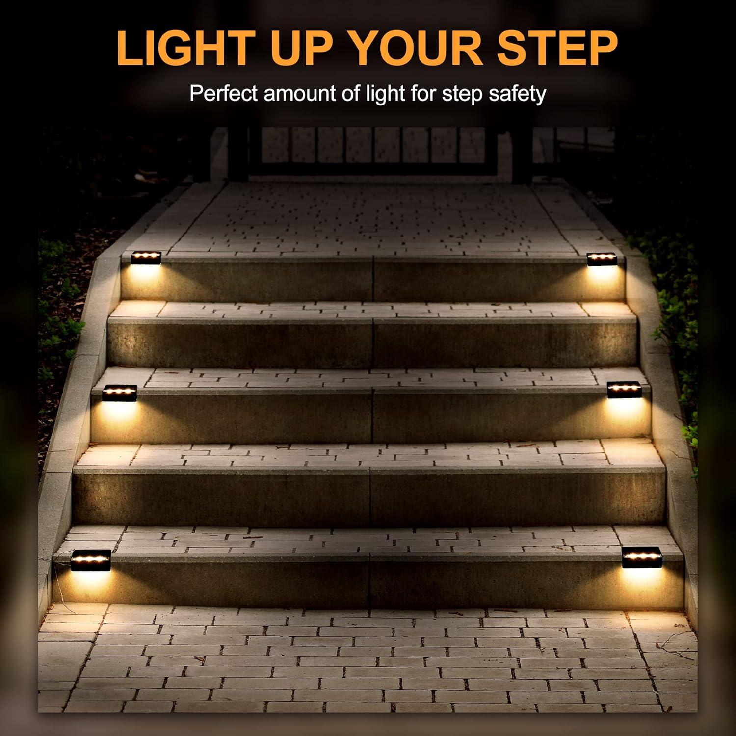 imageSOLPEX Solar Fence Lights 6 LEDs Solar Lights Outdoor Waterproof Solar Powered for Deck Stair Front Porch Balcony Walkway Garden Yard Patio Pool Decor IP65 Waterproof 12 Pack Warm WhiteBlack