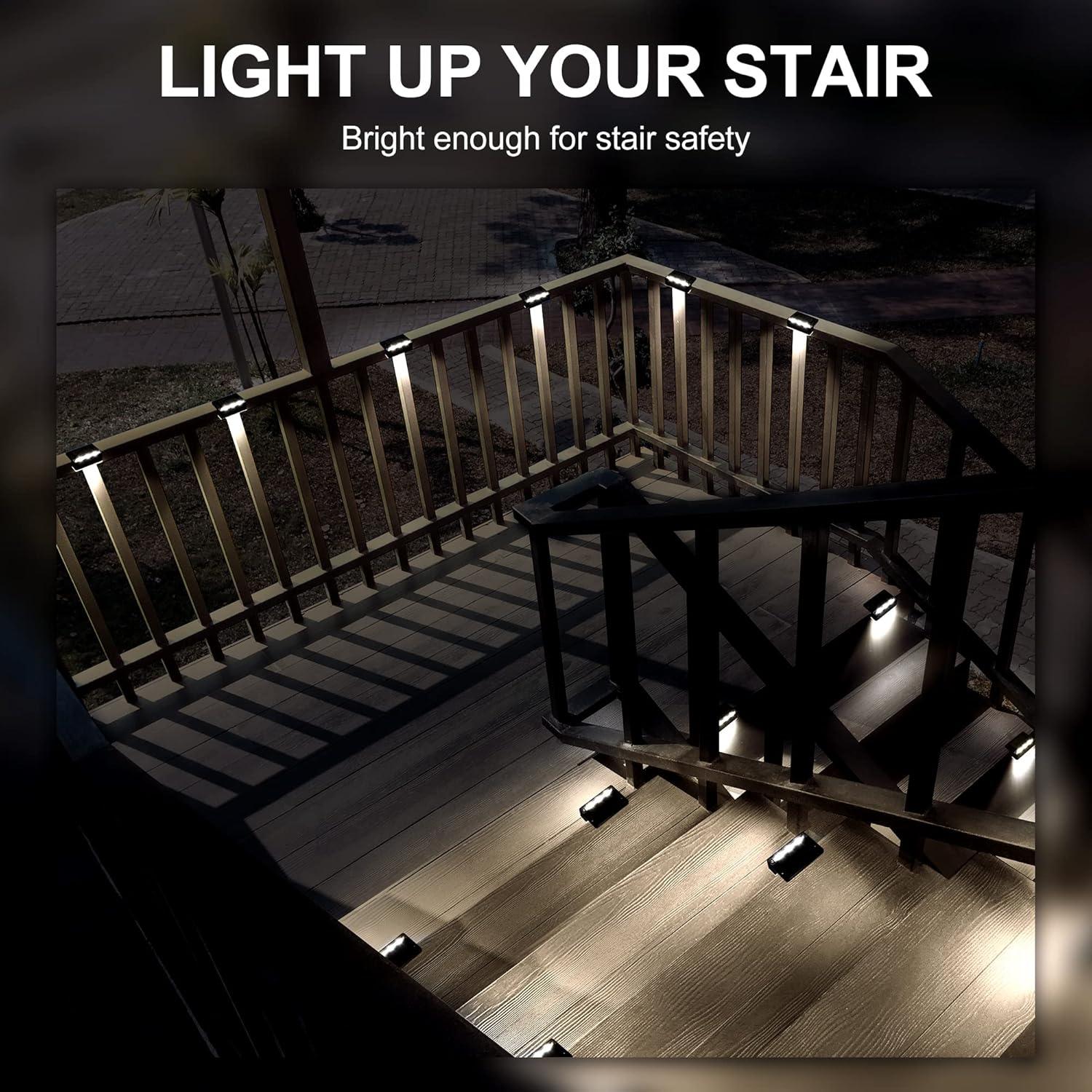 imageSOLPEX Solar Fence Lights 6 LEDs Solar Lights Outdoor Waterproof Solar Powered for Deck Stair Front Porch Balcony Walkway Garden Yard Patio Pool Decor IP65 Waterproof 4 Pack Cold WhiteBlack
