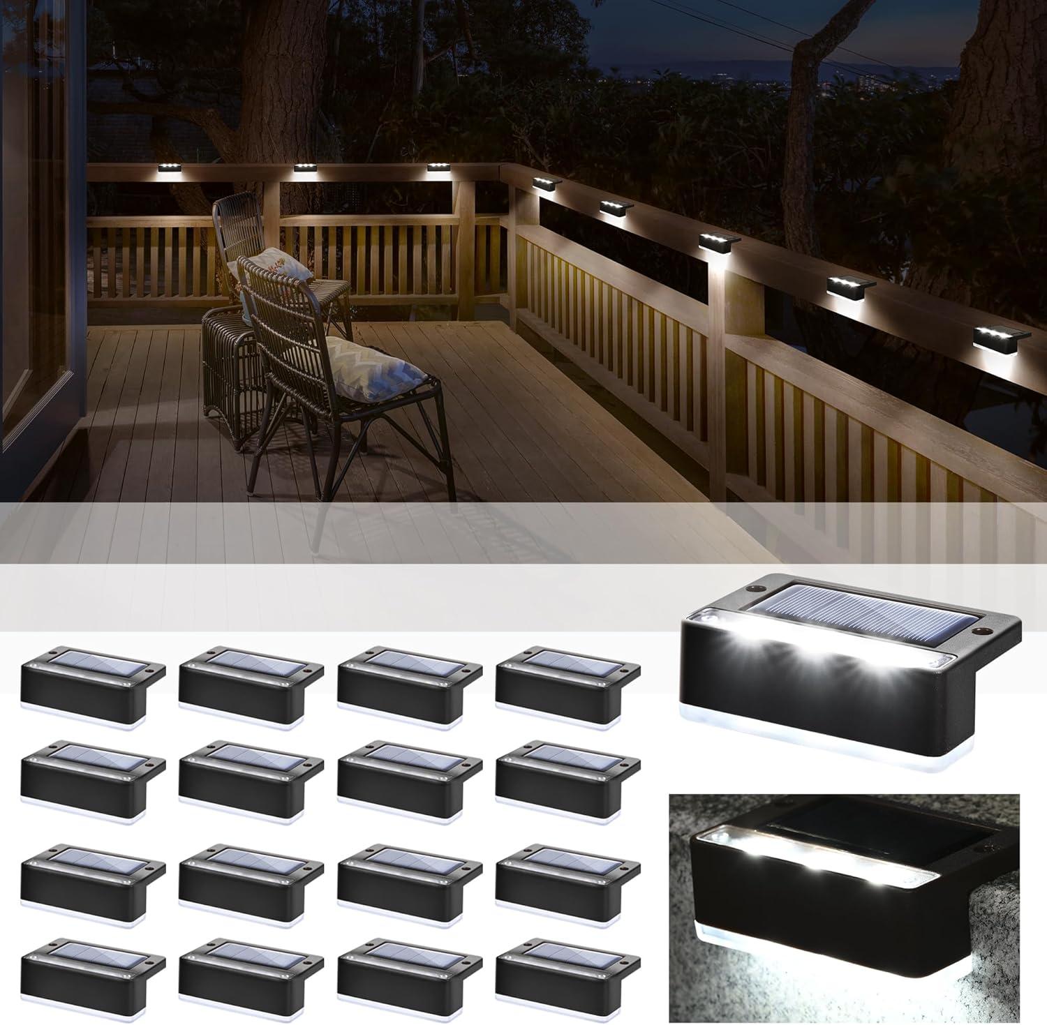 imageSOLPEX Solar Fence Lights 6 LEDs Solar Lights Outdoor Waterproof Solar Powered for Deck Stair Front Porch Balcony Walkway Garden Yard Patio Pool Decor IP65 Waterproof 4 Pack Cold WhiteBlack