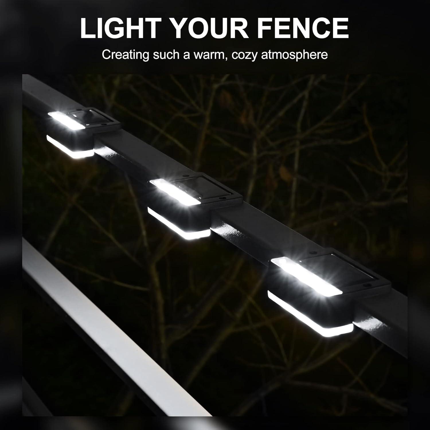 imageSOLPEX Solar Fence Lights 6 LEDs Solar Lights Outdoor Waterproof Solar Powered for Deck Stair Front Porch Balcony Walkway Garden Yard Patio Pool Decor IP65 Waterproof 4 Pack Cold WhiteBlack