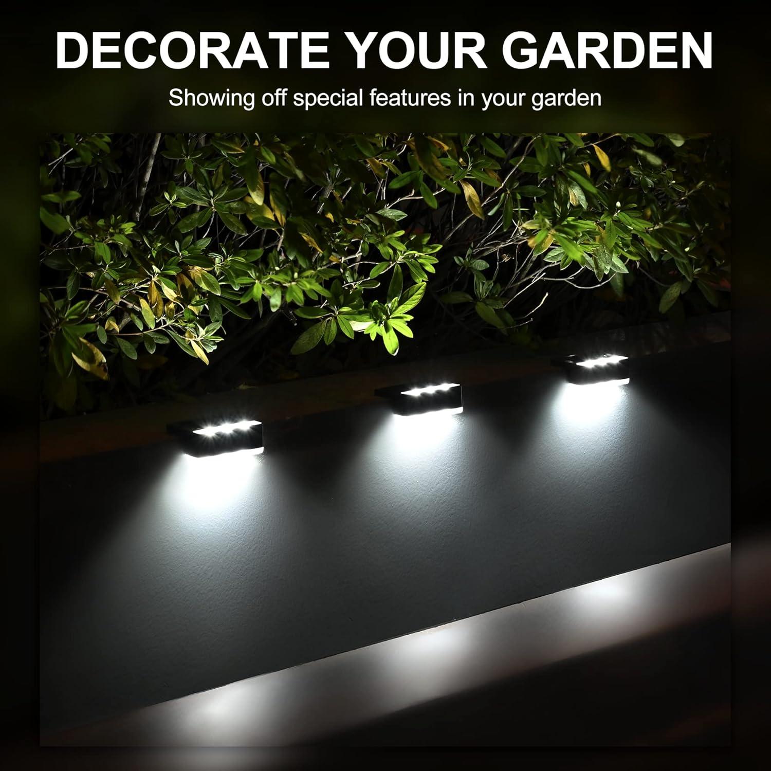 imageSOLPEX Solar Fence Lights 6 LEDs Solar Lights Outdoor Waterproof Solar Powered for Deck Stair Front Porch Balcony Walkway Garden Yard Patio Pool Decor IP65 Waterproof 4 Pack Cold WhiteBlack
