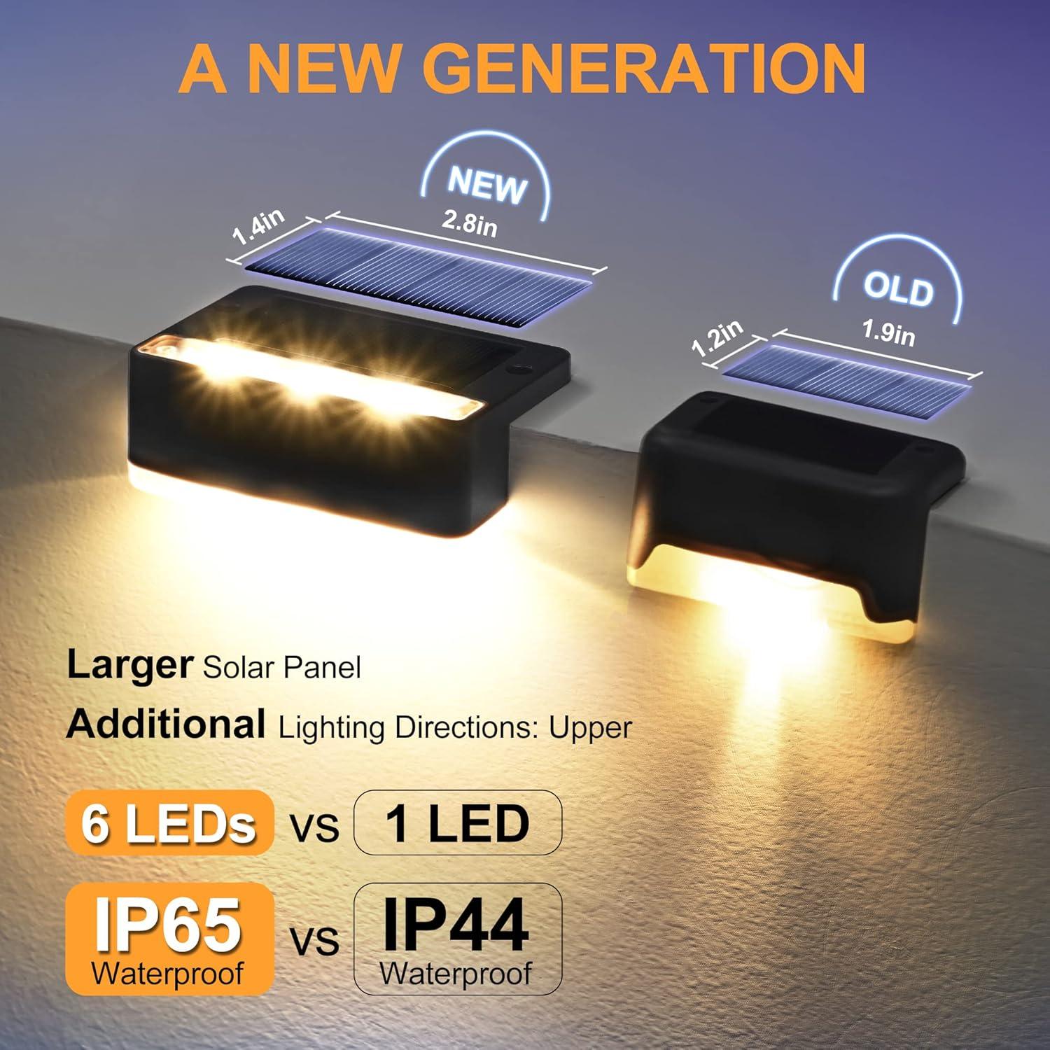imageSOLPEX Solar Fence Lights 6 LEDs Solar Lights Outdoor Waterproof Solar Powered for Deck Stair Front Porch Balcony Walkway Garden Yard Patio Pool Decor IP65 Waterproof 12 Pack Warm WhiteBlack