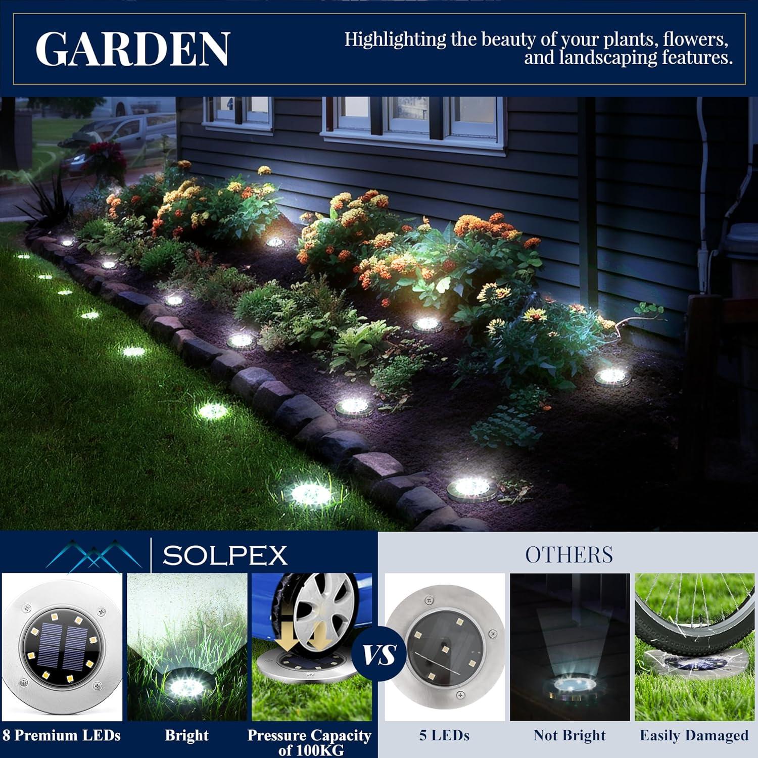 imageSOLPEX Solar Ground Lights 12 Pack Solar Lights Outdoor Waterproof 8 LED Solar Powered Landscape Lighting for Garden Yard Patio Pathway Driveway Walkway Cool WhiteWhite
