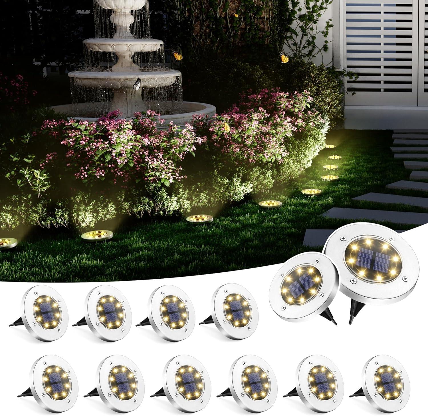 imageSOLPEX Solar Ground Lights 12 Pack Solar Lights Outdoor Waterproof 8 LED Solar Powered Landscape Lighting for Garden Yard Patio Pathway Driveway Walkway Cool WhiteWarm White