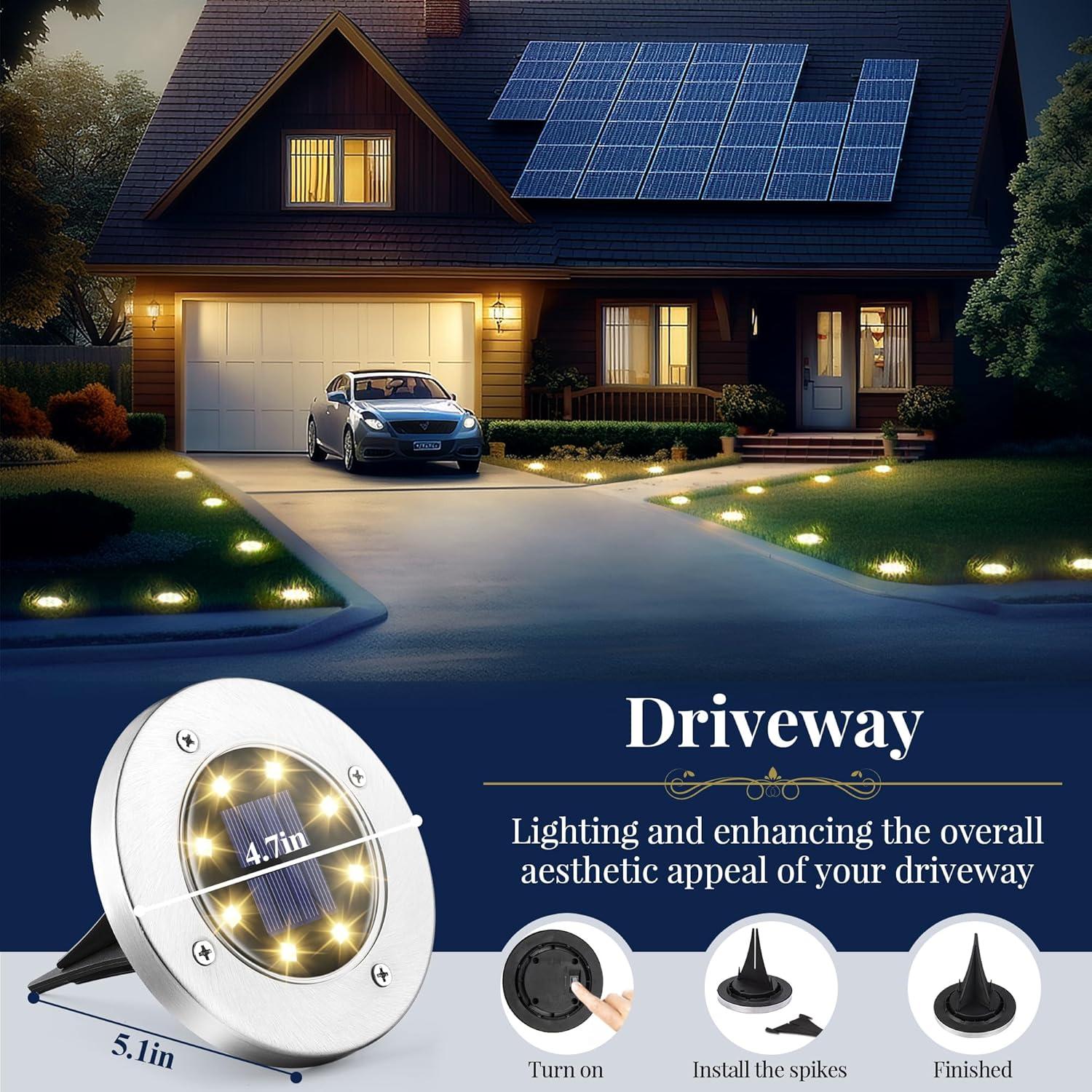 imageSOLPEX Solar Ground Lights 12 Pack Solar Lights Outdoor Waterproof 8 LED Solar Powered Landscape Lighting for Garden Yard Patio Pathway Driveway Walkway Cool WhiteWarm White