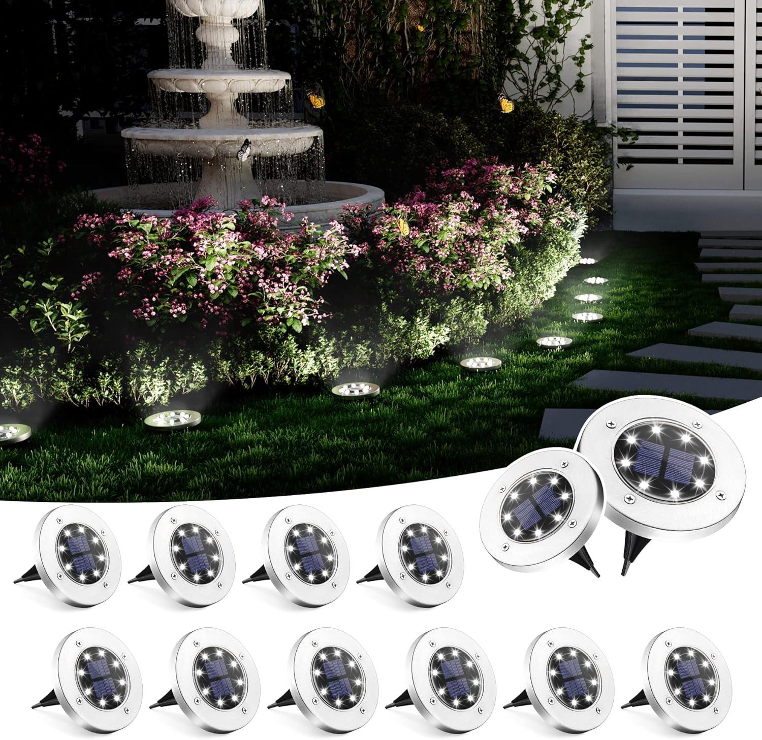 imageSOLPEX Solar Ground Lights 12 Pack Solar Lights Outdoor Waterproof 8 LED Solar Powered Landscape Lighting for Garden Yard Patio Pathway Driveway Walkway Cool WhiteWhite