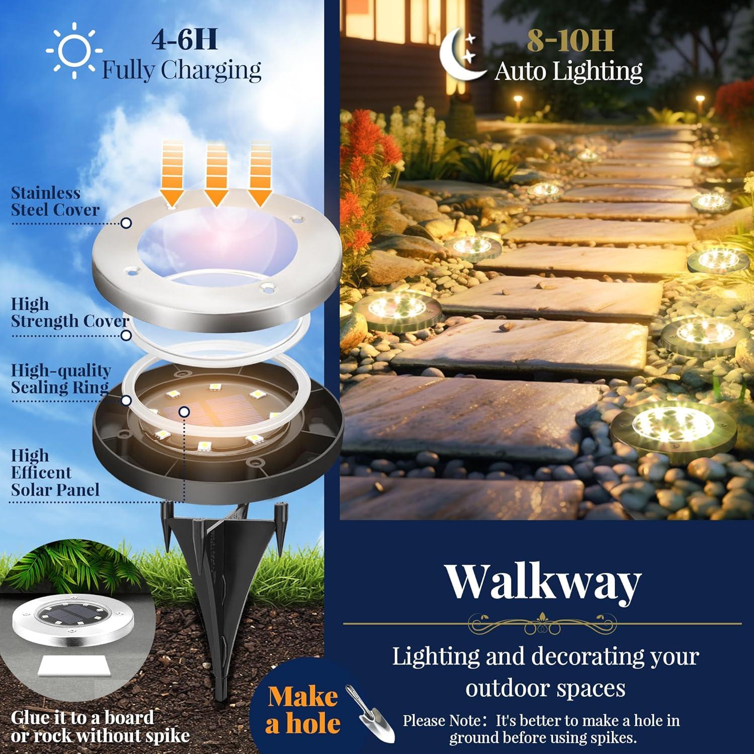 imageSOLPEX Solar Ground Lights 12 Pack Solar Lights Outdoor Waterproof 8 LED Solar Powered Landscape Lighting for Garden Yard Patio Pathway Driveway Walkway Cool WhiteWarm White