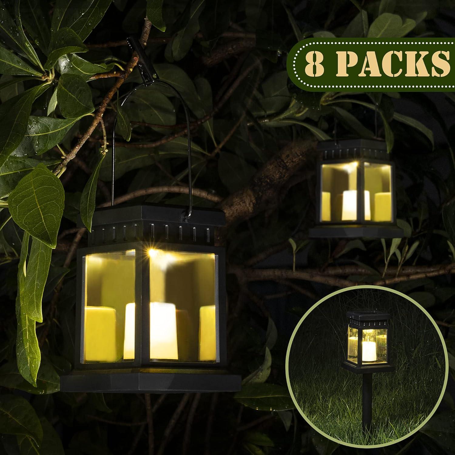 imageSOLPEX Solar Lanterns Outdoor Waterproof 8 Pack Solar Lights Outdoor LED Hanging Lantern Lights Candle Effect Decorative Lights with Stakes for Outside Garden Patio Porch Yard Pathway