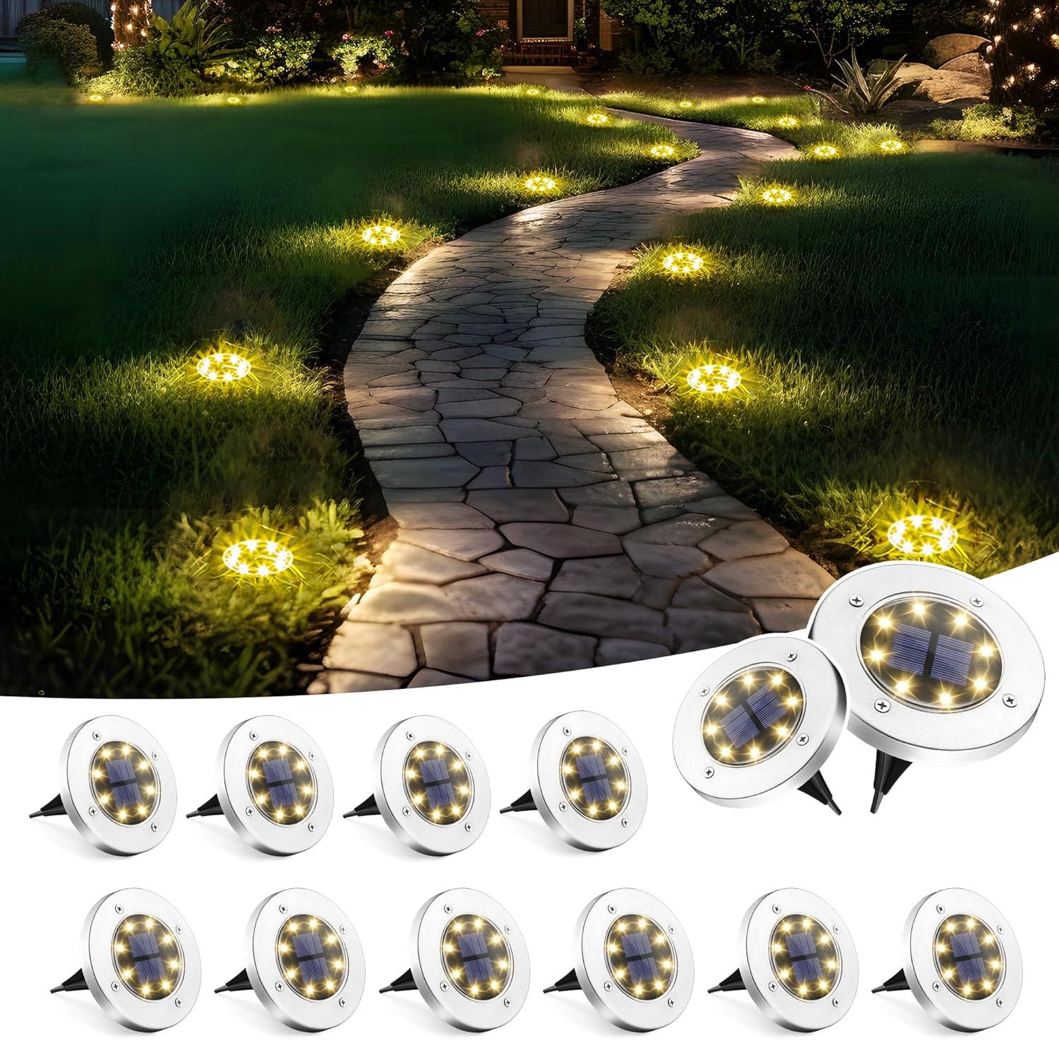 imageSOLPEX Solar Lights Outdoor Waterproof 12 Pack Solar Ground Lights Solar Garden Lights Landscape Lighting for Pathway Driveway Patio Backyard Walkway Cool WhiteWarm White