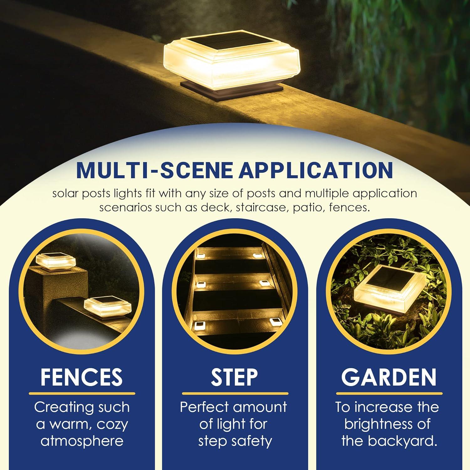imageSOLPEX Solar Outdoor Post Cap Lights 25 Lumens 30 LED Bright for Fence Deck Patio 4x4 5x5 6x6 Wood or Vinyl Posts 6 Pack Warm White