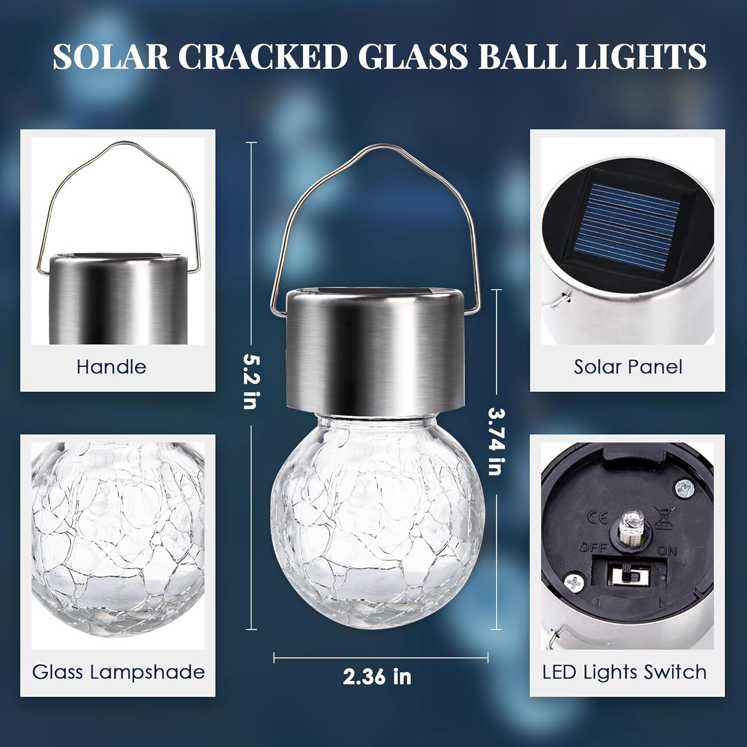 imageSolpex Hanging Solar Lights Outdoor 8 Pack Decorative Cracked Glass Ball Light Solar Powered Waterproof Globe Lighting Hanging Globe Solar Lights for Garden Yard Patio Lawn Flower BedCold White