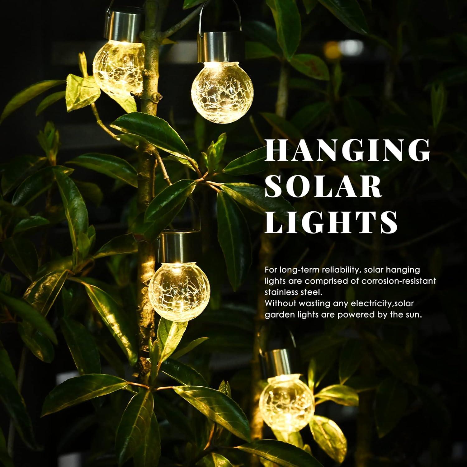 imageSolpex Hanging Solar Lights Outdoor 8 Pack Decorative Cracked Glass Ball Light Solar Powered Waterproof Globe Lighting Hanging Globe Solar Lights for Garden Yard Patio Lawn Flower BedWarm White