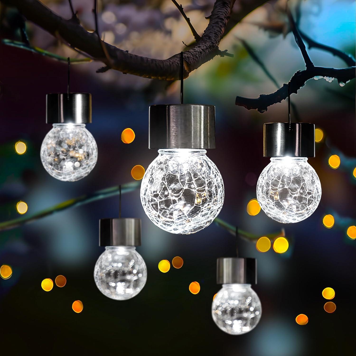 imageSolpex Hanging Solar Lights Outdoor 8 Pack Decorative Cracked Glass Ball Light Solar Powered Waterproof Globe Lighting Hanging Globe Solar Lights for Garden Yard Patio Lawn Flower BedCold White