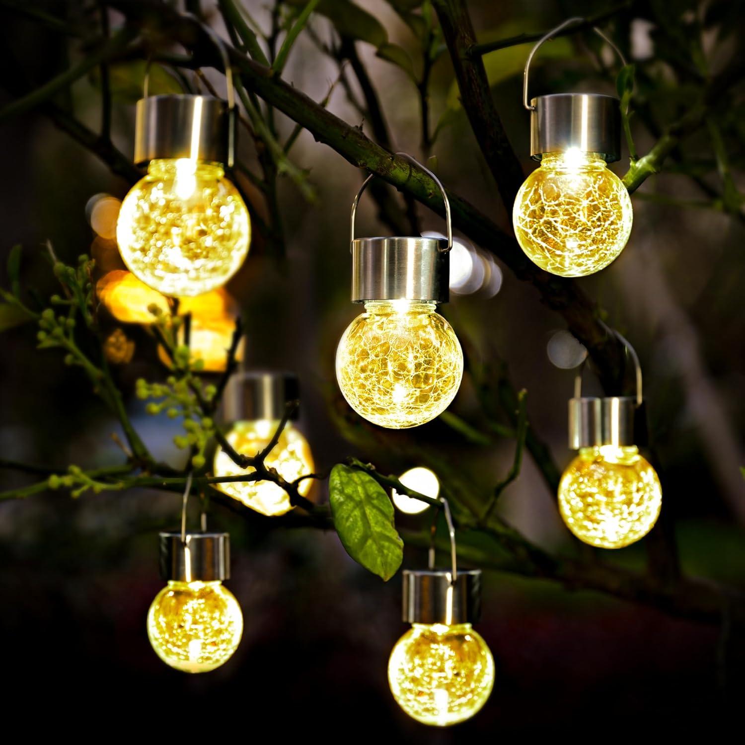 imageSolpex Hanging Solar Lights Outdoor 8 Pack Decorative Cracked Glass Ball Light Solar Powered Waterproof Globe Lighting Hanging Globe Solar Lights for Garden Yard Patio Lawn Flower BedWarm White