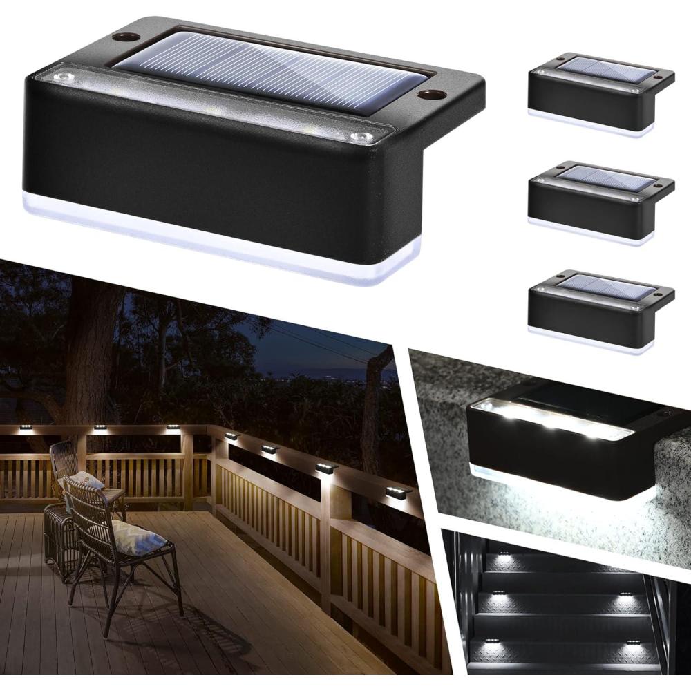 imageSOLPEX Solar Fence Lights 6 LEDs Solar Lights Outdoor Waterproof Solar Powered for Deck Stair Front Porch Balcony Walkway Garden Yard Patio Pool Decor IP65 Waterproof 4 Pack Cold WhiteBlack
