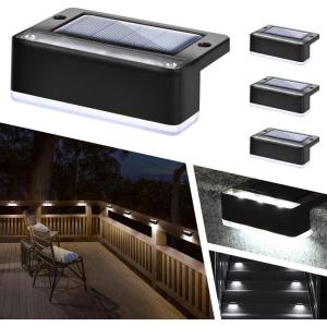imageSOLPEX Solar Fence Lights 6 LEDs Solar Lights Outdoor Waterproof Solar Powered for Deck Stair Front Porch Balcony Walkway Garden Yard Patio Pool Decor IP65 Waterproof 4 Pack Cold WhiteBlack