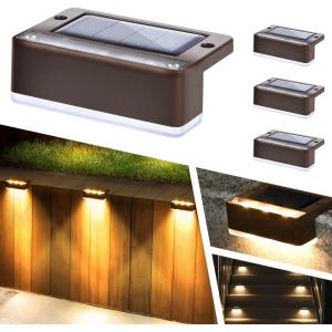 imageSOLPEX Solar Fence Lights 6 LEDs Solar Lights Outdoor Waterproof Solar Powered for Deck Stair Front Porch Balcony Walkway Garden Yard Patio Pool Decor IP65 Waterproof 12 Pack Warm WhiteBrown
